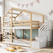 Łóżka piętrowe dla dzieci - 2 x 90 x 200 cm - ze schodkami do przechowywania + okno + dach - Drewno + MDF - Białe + naturalne
