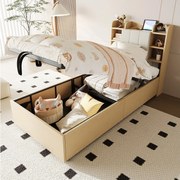 Łóżko ze schowkiem 90 x 200 cm - Łóżko dziecięce z zagłówkiem, schowkiem i ładowarką USB - naturalne drewno - bez materaca