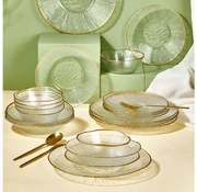 Zestaw obiadowy 24 części — przezroczyste szkło ze złotymi akcentami