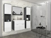 Zestaw mebli łazienkowych, komplet wiszący z umywalką, lustrem i 2 słupkami, korpus matera fronty biały połysk