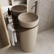 Umywalka z konglomeratu wolnostojąca okrągła z półką szklaną na ręcznik 85 x 40 cm RONA bez przelewu | Różne kolory półki : Kolor szkła - Brązowy, Kolor umywalki RONA - Beż połysk, Podłączenie syfonu - Do podłogi, Półka - Szklana