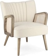 Fotel z tkaniny z efektem aksamitu w kolorze kości słoniowej, drewniane nogi i podłokietniki - VIRNA