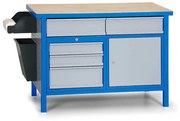 Stół warsztatowy GD, 5 szuflad, świerk + sklejka bukowa, 5 szuflad, 1 szafka, 1190 x 600 x 850 mm, niebieski / szary