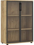 Niski regał biurowy z przeszklonymi drzwiczkami dąb craft G1-M73