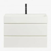 Zestaw Mebli Łazienkowych Z Drewna I Forniru Jesionowego Z Wbudowaną Umywalką Ona Biała & Bezlusterkowiec & Czarny - Sklum