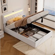 Łóżko ze schowkiem 140x200 cm - Biały len - łóżko dla nastolatków z oświetleniem LED i ładowaniem przez USB - bez podstawy