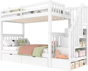 Łóżka piętrowe dla dzieci - 2 x 90 x 200 cm z drabinką + 2 szuflady - drewno - białe