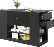 Wyspa kuchenna - Blat rozsuwany - 2 szuflady i 3 drzwi - Z otwartymi półkami - MDF - czarny