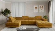 Duża sofa narożna z regulowanymi zagłówkami i pojemnikiem na pościel, złoty/musztardowy, Aspen U, lewy