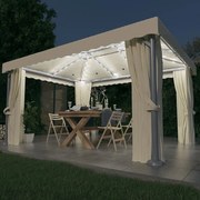 Pawilon Ogrodowy 4x3m Biało-Kremowy z Zasłonami i Girlandą LED