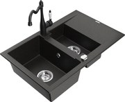Mexen Gaspar zlewozmywak granitowy 1,5-komorowy z ociekaczem i baterią kuchenną Carla, czarny/złoty metalik - 6507-75-670700-70