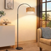 Lampa podłogowa Nettlife w stylu boho z rattanu w kształcie łuku – vintage, ściemnialna z pilotem, żarówka LED E27 9 W, wysokość 165–180 cm, obrotowa, czarna