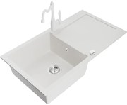 Mexen Leo zlewozmywak granitowy 1-komorowy z ociekaczem i baterią kuchenną Carla, biały - 6501-20-670700-20