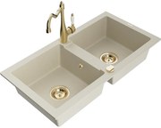 Mexen Mario zlewozmywak granitowy 2-komorowy z baterią kuchenną Carla, beżowy - 6504-69-670700-50