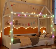 Łóżko domek 90x200cm - z listwą LED - Design dachu - MDF - Beżowy (materac nie jest wliczony w cenę)