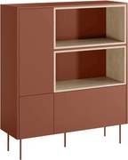 Komoda wysoka Desin 120 cm dwudrzwiowa z szufladą i wnękami - czerwony / ceramic red / dąb nagano