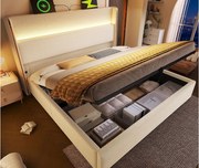 Łóżko z boxem pikowane 140x200 cm - z oświetleniem LED - z portami USB i Type-C - tkanina lniana - Beżowy (bez materaca)