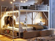 Łóżko piętrowe 140 x 200 cm - Konstrukcja metalowa - 2 szuflady - Kilka półek - Oświetlenie LED - Wieszak na ubrania - Biały (materac nie jest wliczony w cenę)