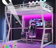 Łóżko piętrowe 140×200 cm - z oświetleniem LED - z biurkiem - gniazdko + USB - ze schodami - białe