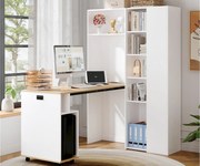 Biurko składane 104.5x30.5x160 cm - z biblioteczką - gniazdka i porty USB - Regulowane półki - Z kółkami - Biały+naturalny