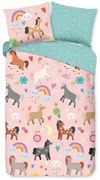 Różowo-turkusowa bawełniana pościel dziecięca jednoosobowa 140x220 cm Horses – Good Morning