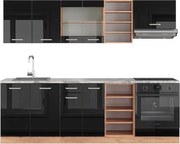 Zabudowa kuchenna czarny/złoty dąb o wysokim połysku 240x60x81.6 r-line