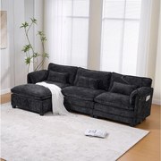 Nowoczesna sofa 3-osobowa - 279 x 83 x 85 cm - z portem USB, kieszenią boczną i podnóżkiem ze schowkiem - aksamitna - czarna