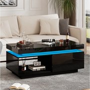 Nowoczesny stolik kawowy z 1 drzwiami i 1 otwartą przegrodą - 100 x 50 x 40,3 cm - Diody LED - Płyta wiórowa - Czarny połysk