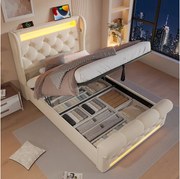 Łóżko z pojemnikiem 90x200 cm, beżowy aksamit, łóżko pojedyncze z oświetleniem LED i portem USB – materac nie jest wliczony w cenę