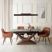 Zestaw Stół Rozkładany Ceramiczny ALICANTE 160-200 cm Czarny/Orzech i 4 Krzesła Tapicerowane EDRICK Rude