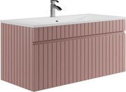 Szafka łazienkowa wisząca ryflowana różowa z umywalką wpuszczaną w blat - 100 cm - SATARA