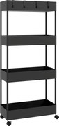HOMCOM Wózek kuchenny z 4 półkami, 4 elastycznymi hakami, 4 kółkami, 40 cm x 19 cm x 90 cm, Wózek do niewielkich przestrzeni, Czarny