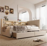 Sofa dziecięca rozkładana - 90 x 200 cm - z 2 szufladami + USB + schowkiem - len - beżowa