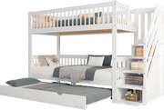 Łóżko piętrowe 90x200 cm z łóżkiem wysuwanym 90x190 cm - z drewna sosnowego - z drabinką i barierką - Białe