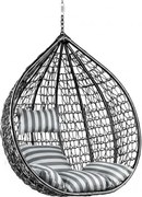 Czarne wiszące krzesło KOKON bez stojaka, biało-szara poduszka