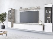 Nowoczesny zestaw mebli do salonu 4 elementy, szafka RTV 180 cm, 2 witryny i półka, korpus beton mat, fronty biały połysk, stojąca lub wisząca