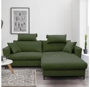 Rozkładany narożnik w układzie L z pojemnikiem na pościel HORTA, prawostronny, zielony