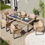 Zestaw ogrodowy stół i 6 krzeseł z polirattanu - stal ocynkowana, rattan PE, szkło hartowane - brązowy + czarny