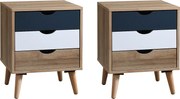 Zestaw 2 szafek nocnych z 3 szufladami - Kolory: Naturalny, biały i granatowy - LURVIA