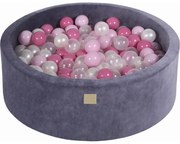 Okrągły Suchy Basen Z Piłeczkami 7cm Dla Dziecka, 90x30cm/200 Piłek, Welurowy, Szaroniebieski, Piłki: Jasnoróżowe, Pastelowy Róż, Transparentne - Meowbaby®
