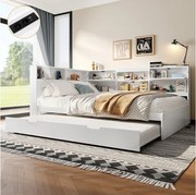 Sofa dziecięca rozkładana - 140 x 200 cm + 90 x 190 cm - łóżko wysuwane - zagłówek ze schowkiem - drewno + MDF - biała