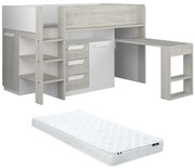 Łóżko na antresoli 90 x 200 cm - Z biurkiem i ze skrzynią - Biały i naturalny + Materac - LOUKALA