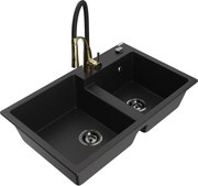 Mexen Tomas zlewozmywak granitowy 2-komorowy z baterią kuchenną Aster, czarny - 6516-77-73450-57-B