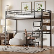 Łóżko piętrowe 90 x 200 cm z biurkiem i półkami - Metal + MDF - Czarne (bez materaca)