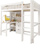 Łóżko na antresoli 90x200 cm - liczne schowki - z drabiną + biurkiem - z 3 szufladami - biały (materac nie jest dołączony)