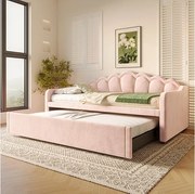 Kanapa z funkcją spania 90x200/180x200 cm - z wysuwanym łóżkiem - z taśmą LED - welur - różowy (materac nie jest w zestawie)
