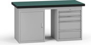 Stół warsztatowy G8, 1500 x 750 x 800 mm, 1x szafka, 1x kontener, 4x szuflada, szary
