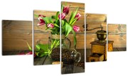Obraz - tulipany, młynek i kawa (125x70 cm)