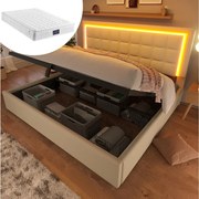 Łóżko tapicerowane z pojemnikiem na pościel, 140 x 200 cm, z dnem z listew + oświetlenie LED + hydrauliczny schowek - PU - białe (materac w zestawie)