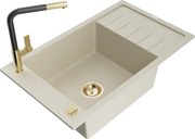 Mexen Elias zlewozmywak granitowy 1-komorowy z ociekaczem i baterią kuchenną Flora, beżowy - 6511-69-670401-57-G